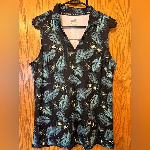 Puma Women's Blue and Green Tropical Print  Sleeveless Golf Polo. Size Medium - Picture 1 of 3